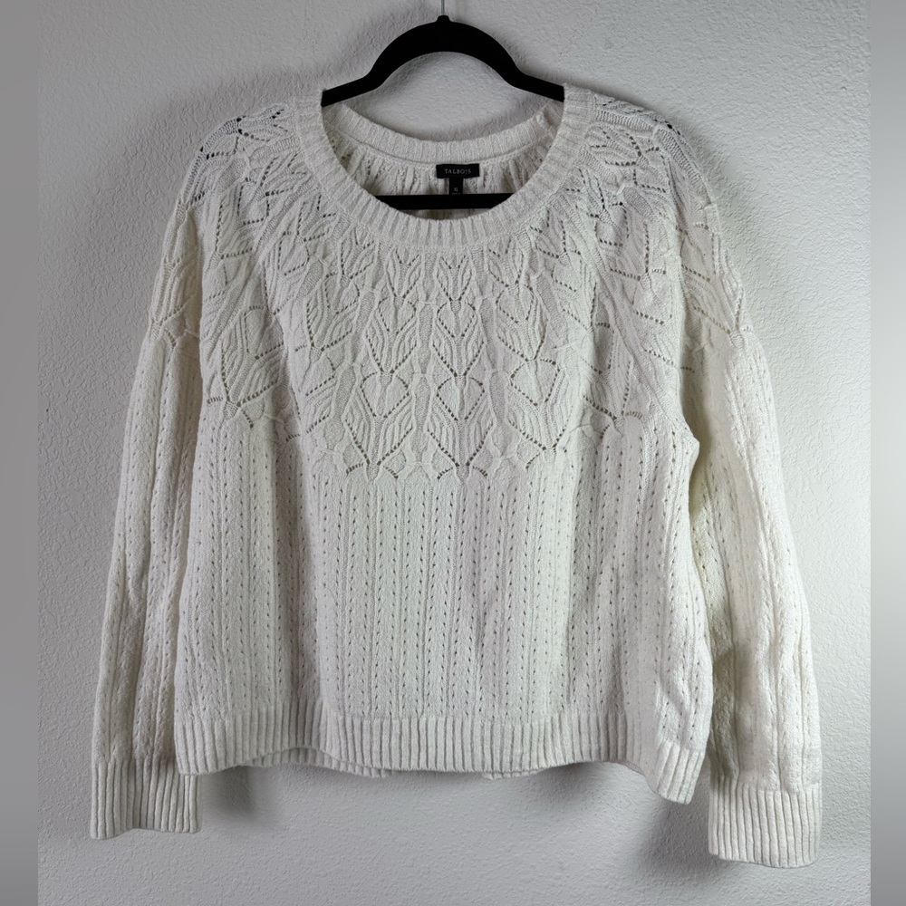 Talbots Ivory Cable Knit Crewneck Sweater XL Cotton Wool Blend Cozy Pullover